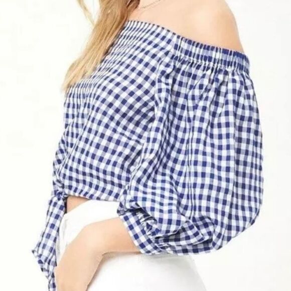 EUC Forever 21 Blue Gingham Off Shoulder Top Small - Picture 2 of 3